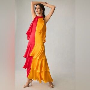 Pinnacle By Shruti Sancheti Mock-Neck Colorblock Ruffle Dress